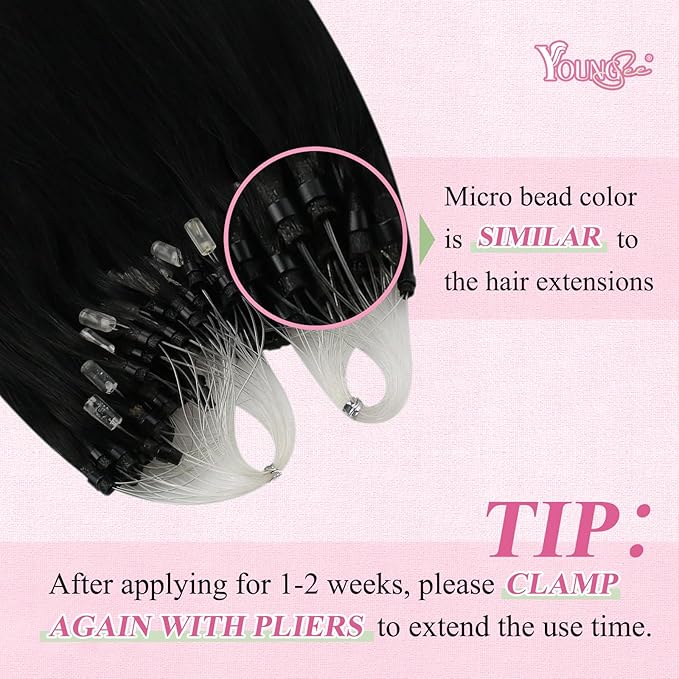 YoungSee Micro Beads Hair Extensions Black Microbead Hair Extensions Human Hair Jet Black Bead Hair Extensions for Women 24 Inch Hair Extensions Bead Hair Extensions Real Human Hair Natural 50s 50g