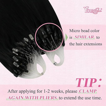YoungSee Micro Beads Hair Extensions Black Microbead Hair Extensions Human Hair Jet Black Bead Hair Extensions for Women 24 Inch Hair Extensions Bead Hair Extensions Real Human Hair Natural 50s 50g
