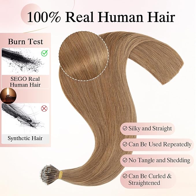 Nano Bead Human Hair Extensions nano rings hair extensions Nano-bond Hair Extensions Nano Tip Extensions Silky Straight Natural 50g/50 Stands 16" Light Brown