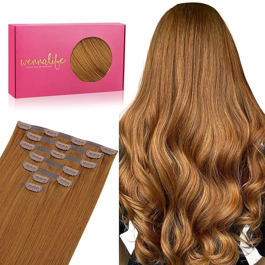 WENNALIFE Seamless Clip In Hair Extensions Human Hair, 18 Inch 130g 7pcs Auburn Ginger Real Hair Extensions Clip in Human Hair Invisible PU Skin Weft Natural Remy Human Hair Extensions