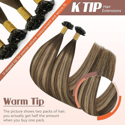 Sunny K Tip Hair Extensions Real Human Hair Balayage Brown with Caramel Blonde Ktip Human Hair Extensions for Women Keratin Hair Extensions Human Hair 14inch 50g
