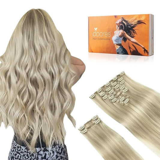 DOORES Human Hair Extensions Clip in, Ash Blonde Highlighted Platinum Blonde 150g 9pcs 22 Inch, Real Natural Thick Silky Hair