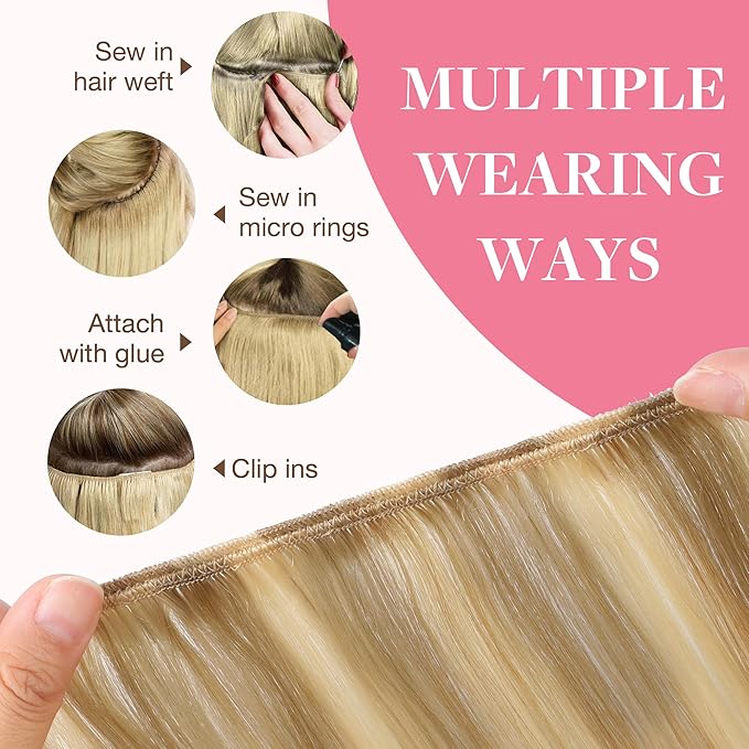 GOO GOO Sew in Hair Extensions Real Human Hair, Weft Hair Extensions Human Hair, 16/22 Light Blonde Highlighted Golden Blonde 18inch 100g, Weft Bundles Straight Silky Remy Hair
