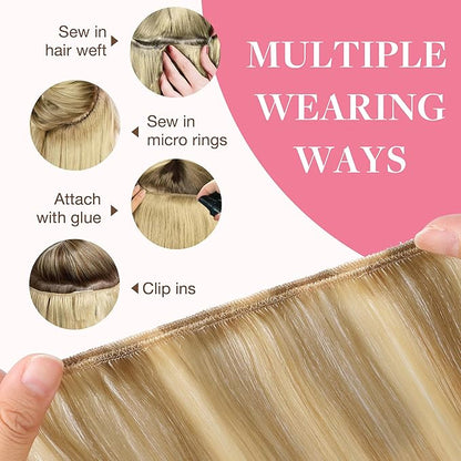 GOO GOO Sew in Hair Extensions Real Human Hair, Weft Hair Extensions Human Hair, 16/22 Light Blonde Highlighted Golden Blonde 18inch 100g, Weft Bundles Straight Silky Remy Hair