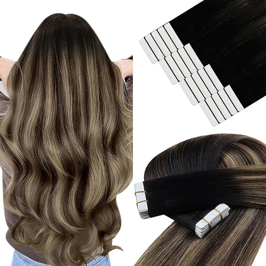 YoungSee Human Hair Tape in Extensions Balayage 14Inch 50g Tape Hair Extensions Real Human Hair Black Ombre Brown Invisible Tape in Hair Extensions 20pcs Tape Human Hair Extensions Silky Straight
