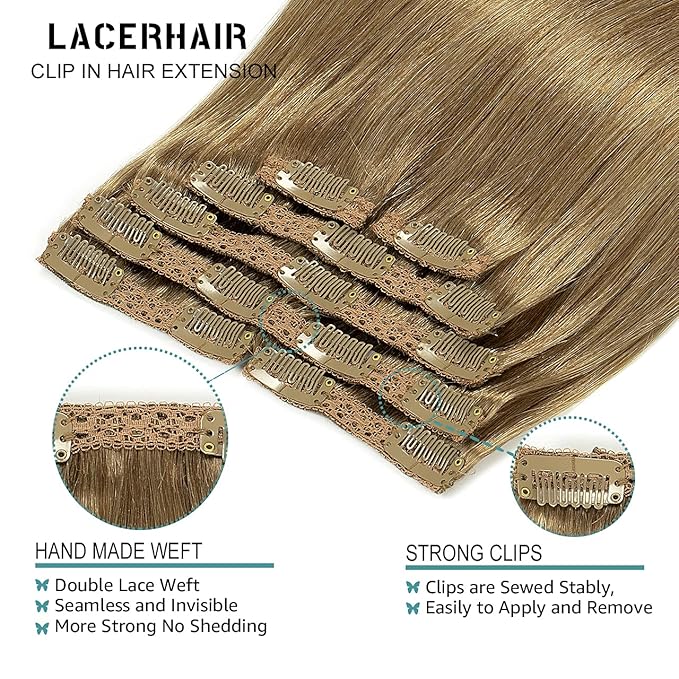 Lacer Hair Extensions Clip In Real Human Hair Extensions 120g 7 Pieces Silky Straight Weft Remy Human Hair Clip in Hair Extensions Light Brown #8 20 Inch