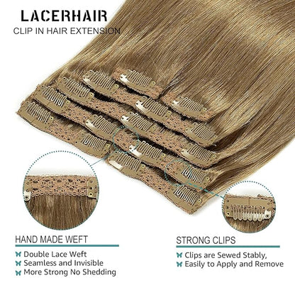 Lacer Hair Extensions Clip In Real Human Hair Extensions 120g 7 Pieces Silky Straight Weft Remy Human Hair Clip in Hair Extensions Light Brown #8 20 Inch