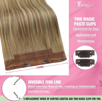 YoungSee Wire Hair Extensions Real Human Hair Balayage Wire Hair Extensions Light Brown with Platinum Blonde and Brown #8/60/8 Layered Hair Extensions Human Hair Fish Line Hair Extensions 16Inch 80G