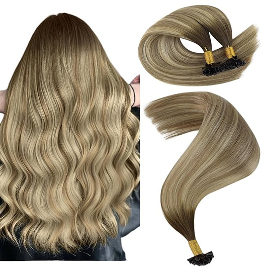 YoungSee K Tip Extensions Human Hair Balayage Brown K Tip Extensions Real Human Hair Dark Brown Ombre Brown Mix Blonde Fusion Hair Extensions Human Hair for Long Hair 22 Inch 50s/50g