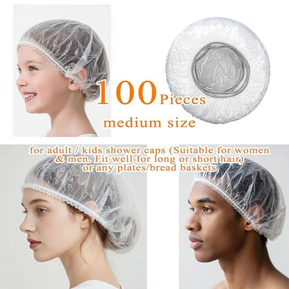 Multi-Use Plastic Covers 450 Pack - Disposable Shower Caps & Bowls Covers | Food-Grade, Odor-Free, Reusable & Washable, 3 Sizes (Small/Medium/Large) for Hair Care, Bowls, Plates, Trays & Travel (450)