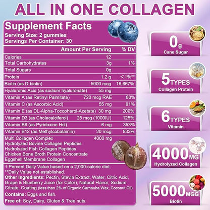 Nature's live Multi Collagen Peptides Gummies, Type I, II, III, V, X - Hydrolyzed Collagen Peptides Gummies, Supports Healthy Skin, Strong Nails & Thick Hair, Grape Blueberry Flavor, 60 Count