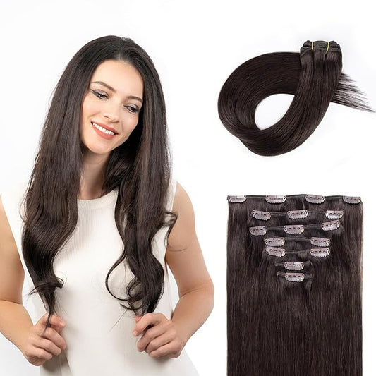 Clip in Hair Extensions Real Human Hair, Remy Human Hair Clip in Extensions for Long Hair, Dark Brown Straight Hair Extensions Add Volum add Length #2 22Inch 120G 7PCS