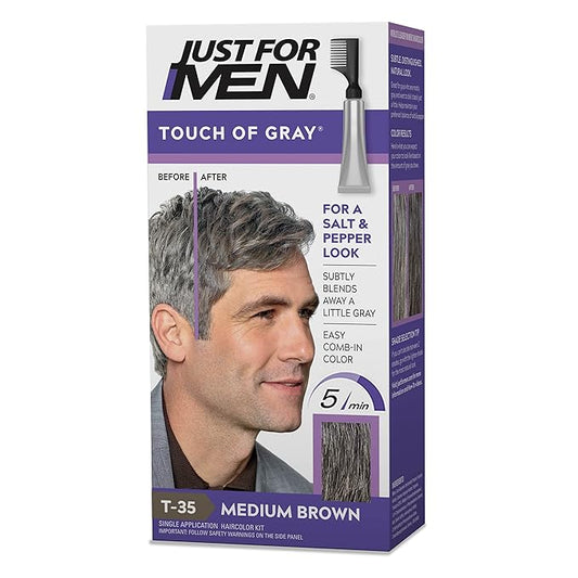 Just For Men Touch of Gray, Hair Coloring with Comb Applicator, Great for a Salt and Pepper Look - Medium Brown, T-35