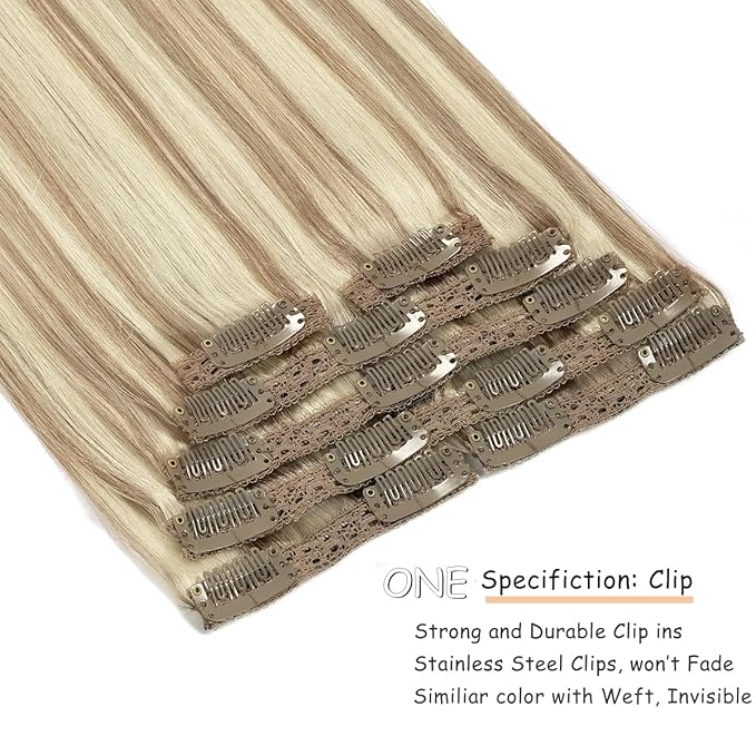 Caliee Real Hair Extensions Clip in Human Hair Natural Silky Straight Hair Extensions Balayage Clip in Hair Extehsions Golden Brown #10 Mixed Bleach Blonde #613 140g 7Pcs 22inch