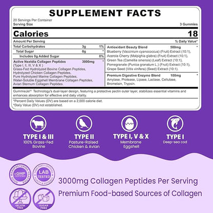 Collagen Gummies for Women & Men 3000mg, Hydrolyzed Collagen Peptides with Antioxidant Blend & Digestive Enzymes, Multi Collagen (Type I,II,III,V,X) for Anti-Aging, Hair, Skin, Nails, Sugar Free,60Cts
