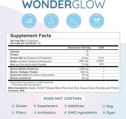 Hair Skin and Nails Vitamins w/Bovine Colostrum, Collagen, Hyaluronic Acid, Biotin, Zinc, & Lactoferrin┃Supports Faster Hair Growth, Stronger Nails and Glowing Skin (30 Servings, Capsule)