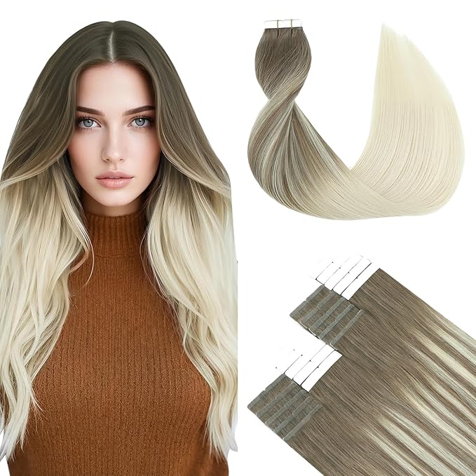 SURNEL Tape in Hair Extensions Human Hair Ombre Color 8 Ash Brown Fading to 60 Platinum Blonde Tape in Hair Extensions 14 inch Silky Remy Tape Hair 20pcs 50g(#8T60-14)