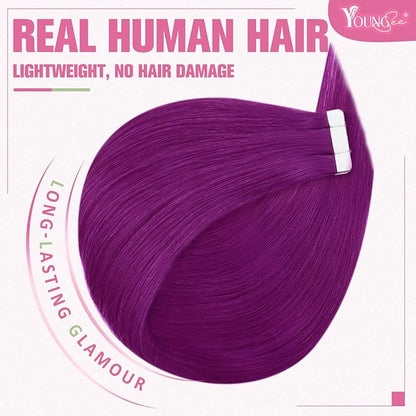 YoungSee Tape in Extensions Human Hair Purple Invisible Tape in Hair Extensions Human Hair Purple 10pcs 25g Seamless Human Hair Tape in Extensions Color 14In Tape ins Human Hair Extensions for Cosplay