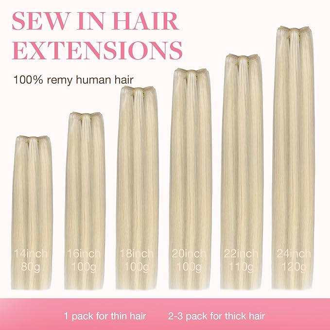 GOO GOO Sew in Hair Extensions Real Human Hair, Weft Hair Extensions Human Hair, 17A/60A Ash Blonde Highlighted Platinum Blonde 16inch 100g, Weft Bundles Straight Silky Remy Hair