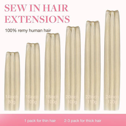 GOO GOO Sew in Hair Extensions Real Human Hair, Weft Hair Extensions Human Hair, 17A/60A Ash Blonde Highlighted Platinum Blonde 16inch 100g, Weft Bundles Straight Silky Remy Hair