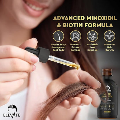 Elevate Hair Regrowth Treatment 5% Minoxidil Solution – Biotin Serum Hair Growth Oil for Men & Women - Thicker Fuller Stronger Hair - Stops Hair Loss & Thinning - Natural Hair Thickening Treatment 2oz