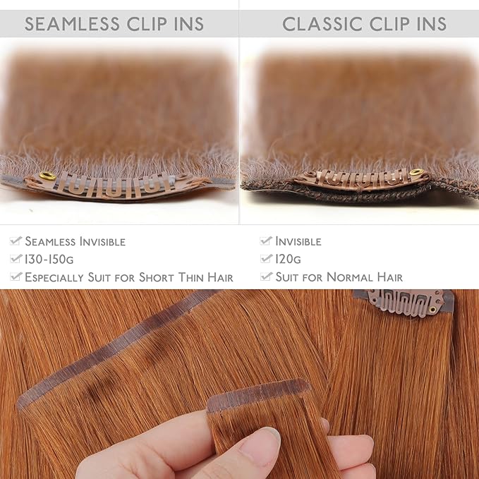 WENNALIFE Seamless Clip In Hair Extensions Human Hair, 24 Inch 160g 7pcs Dirty Ginger Real Hair Extensions Clip in Human Hair Invisible PU Skin Weft Natural Remy Hair