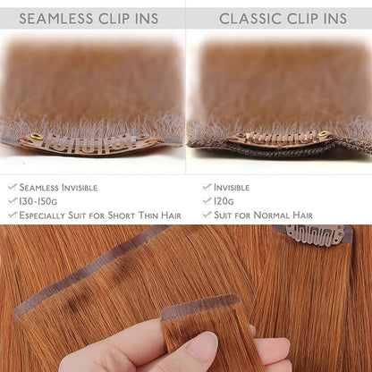 WENNALIFE Seamless Clip In Hair Extensions Human Hair, 24 Inch 160g 7pcs Dirty Ginger Real Hair Extensions Clip in Human Hair Invisible PU Skin Weft Natural Remy Hair