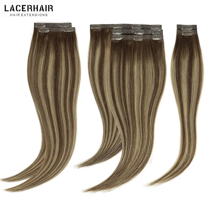 Lacer Human Hair Clip in Extensions 7Pcs 20 Inch Seamless Clip in Hair Extensions Highlignt Warm Brown to Dark Caramel Blonde Invisible PU Skin Weft Natural Human Hair 110Grams 18 Clips