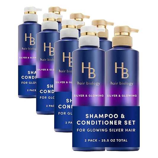 Hair Biology Biotin-Infused Purple Shampoo and Conditioner Set for Grey Hair, Anti-Brassiness, Moisturizing, Color-Safe, Silver & Glowing, Corrects Yellow Tones, 12.8 Fl Oz Each, 8 Pack