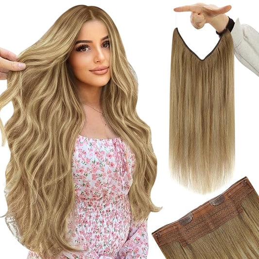 YoungSee Wire Hair Extensions Balayage Brown Wire Hair Extensions Real Human Hair Medium Brown Fading to Brown Mix Platinum Lightweight Short Human Hair Wire Extensions for Women 70G 12Inch