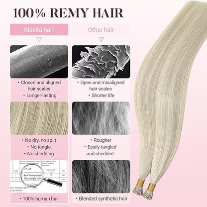 MAXITA I Tip Hair Extensions Human Hair,50g/50s Ash Blonde Highlighted Platinum Blonde 20 Inch Comfortable Wear, Invisible & Natural Cold Fusion, 100% Remy Human Hair Itip Keratin Hair Extensions