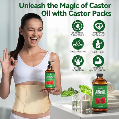 2 Pack Castor Oil Organic Cold Pressed Unrefined Glass Bottle with 2 Pumps – Pure & Hexane-Free for Hair Growth, Skin Care, Lashes, Brows, Body Nourishment – Ideal for Caster Oils Pack Wrap