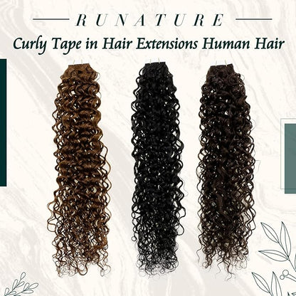 RUNATURE Curly Tape ins Human Hair Extensions Natural Black #1B Tape in Hair Extensions Real Human Hair Full Ends Curly Human Hair Tape in Extensions Silky Glue in Hair Extensions 16 Inch 50g 20pcs