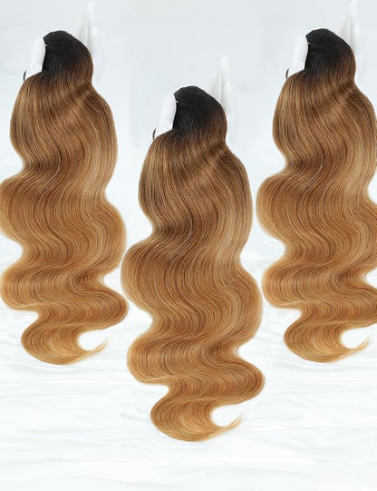 Ombre Bundles Human Hair, 13A Raw Indian Hair Bundles Body Wave, 24 26 28 Inch Colored Honey Blonde 1B27 Ombre Human Hair Bundles, 2 Years Service Life, Keep Texture Silky Soft Tangle-Free