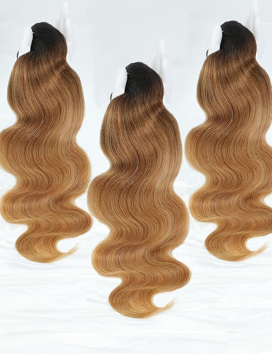Ombre Bundles Human Hair, 13A Raw Indian Hair Bundles Body Wave, 14 16 18 Inch Colored Honey Blonde 1B27 Ombre Human Hair Bundles, 2 Years Service Life, Keep Texture Silky Soft Tangle-Free