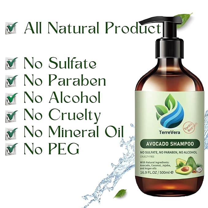 TerreVera Avocado Shampoo - Salon Quality Hydrating Formula - Sulfate & Paraben Free - Ideal for Strengthening, Dry or Color-Treated Hair – Natural Avocado, Argan, Coconut & Jojoba Oils – 16.9 fl oz