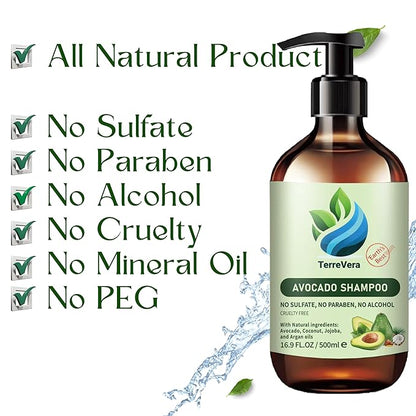 TerreVera Avocado Shampoo - Salon Quality Hydrating Formula - Sulfate & Paraben Free - Ideal for Strengthening, Dry or Color-Treated Hair – Natural Avocado, Argan, Coconut & Jojoba Oils – 16.9 fl oz
