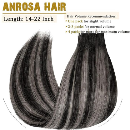 Anrosa Tape in Hair Extensions Human Hair Remy Real Human Hair Extensions Tape in Silky Natural Hair Extensions Human Hair 16 Inch Natural Black to Silver Grey with Natural Black Rooted 50G 20PCS