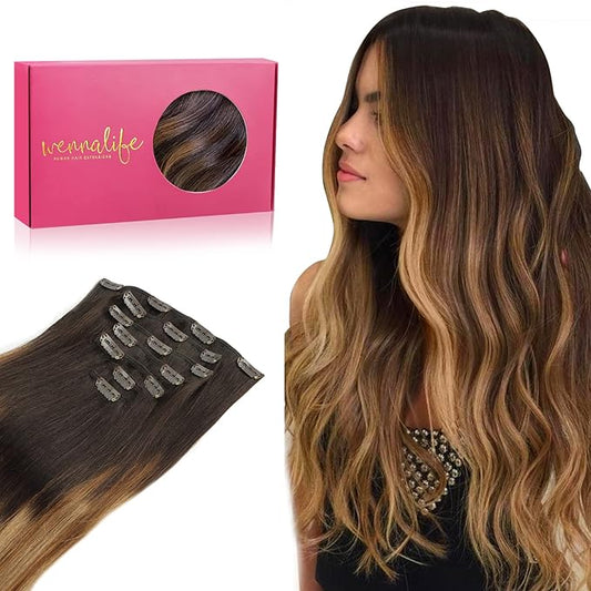 WENNALIFE Clip in Hair Extensions Real Human Hair, 22 Inch 120g 7pcs Dark Brown to Chestnut Brown and Dirty Blonde Highlighted Clip In Human Hair Remy Clip in Hair Extensions Double Weft