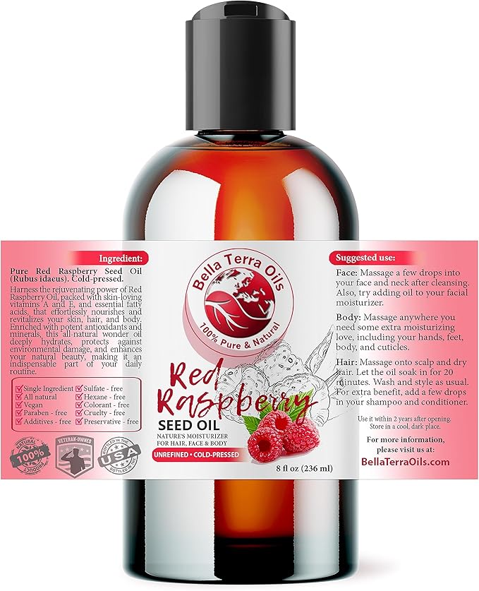 Bella Terra Oils - Red Raspberry Seed Oil 8 oz - Discover The Vitamin-Enriched Potency of Raspberry, Essential Companion for Every Skin Care Enthusiast