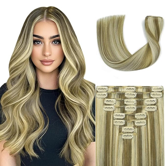 Blonde Clip in Hair Extensions Real Human Hair 8pcs Per Set with Double Weft 100% Seamless Blonde Hair Extensions for Women #8p613 Mixed Bleach Blonde 16inch 90g/3.2oz