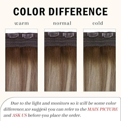 RUNATURE Wire Human Hair Extensions Balayage Invisible Fish Line Hair Extensions Real Human Hair Brown Roots Soft Hair, Easy to Apply 20 Inch 100g #3/8/22 Walnut Brown to Light Brown with Blonde