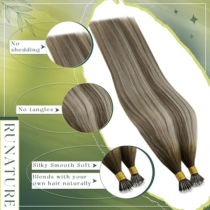 RUNATURE 20 Inch Nano Hair Extensions - Balayage Brown to Blonde Silky Human Hair - Remy Pre-Bonded Nano Bead Straight Extensions 50g 50s