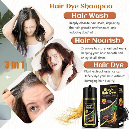 Black 3-in-1 Hair Dye for Men & Women - Long-Lasting Gray Hair Coverage, Shampoo Para Canas, Natural Color in Minutes - 16.9 Fl Oz