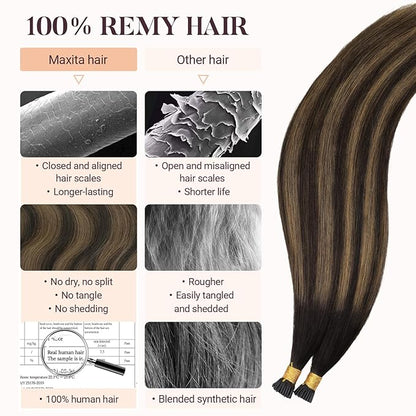 MAXITA I Tip Hair Extensions Human Hair, Balayage Chocolate Brown to Caramel Blonde 100g/50s 24 Inch, Comfortable Wear, 100% Remy Real Human Hair Itip Keratin Hair Extensions