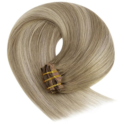 YoungSee Clip in Human Hair Extensions Brown Balayage Clip in Extensions Real Human Hair Light Brown to Blonde with Brown Balayage Soft and Silky Human Hair Extensions Clip ins 120G 18Inch 7Pcs