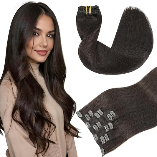 Youngsmile Human Hair Clip in Extensions, 14 Inch 7pcs 120g Clip in Hair Extensions Human Hair, Color #2 Darkest Brown,Double Drawn,Soft Silk Hair Extensions (CLIP#2-14Inch)