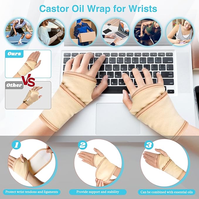 12 Pcs Castor Oil Pack Wrap, Reusable Castor Oil Pack Kit Organic Cotton for Shoulder Hands Neck Waist Chest Knees and Feet, Adjustable Compress Pads for Entire Body, Machine Washable Anti Oil Leak