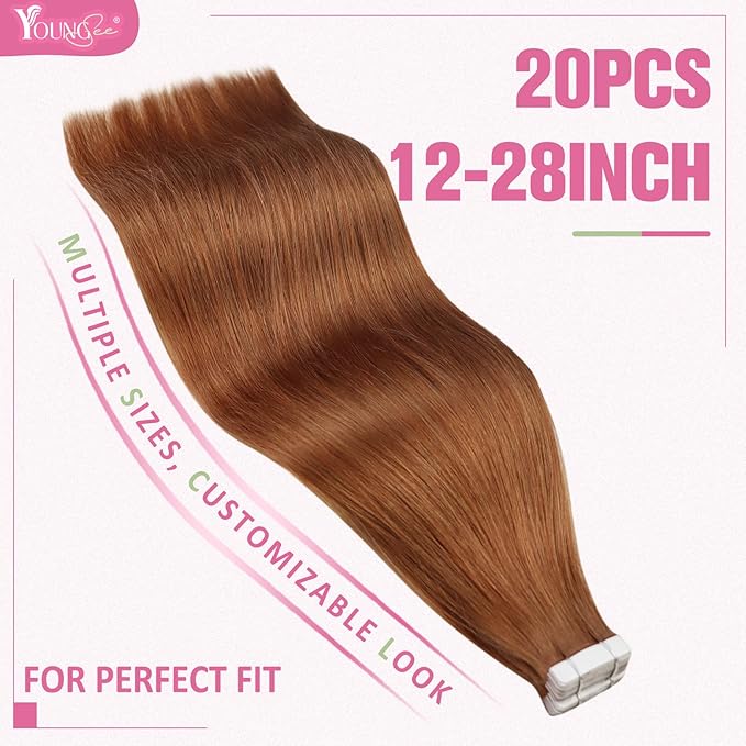 YoungSee Tape in Hair Extensions Copper Tape in Extensions Human Hair 14Inch Tape in Real Hair Extensions Copper Real Hair Extensions Tape in Short Hair Extensions for Women 20Pcs 50G