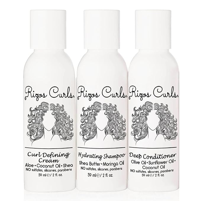 Rizos Curls Trio Travel Curl Kit, Includes Travel Hydrating Shampoo, Travel Deep Conditioner, Travel Curl Cream, Gently Cleanse, Hydrate and Style, For All Curl Patterns 2a - 4c, 3 pack of 2 oz